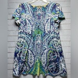 Senergy Women’s‎ PXL Boho Blue Green White Short Sleeve Embellished Tunic Fairy